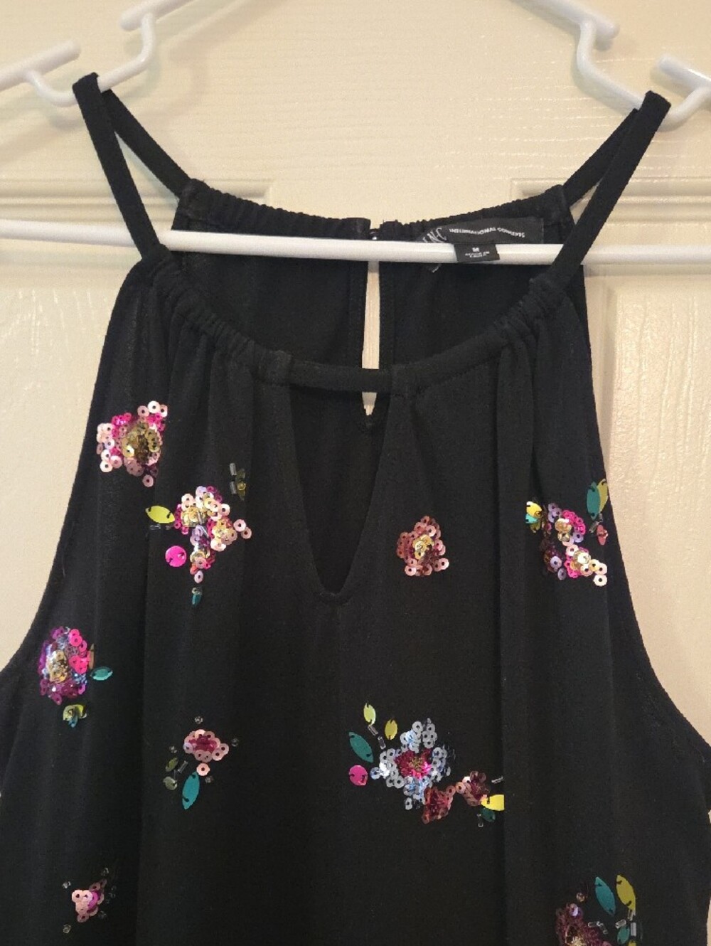 INC International Concepts Black with Sequin Floral Accents Shirt Top Medium